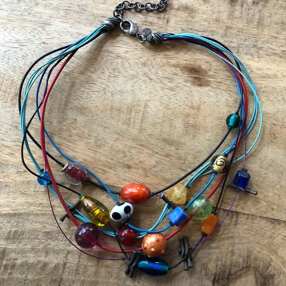 Multicolored beads and multicolored cords on this fun necklace, 17” long - Picture 8 of 9